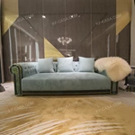 Luxury Light Lake Blue Velvet Chesterfield Sofa Set with Contrast Trim & Gold Stainless Steel Accents